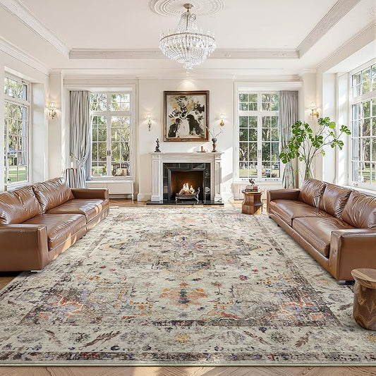 YOH Boho Washable Rug 9x12, Vintage Multi Non Slip Area Rug, Distressed Indoor Carpet for Living Room Bedroom Kitchen Office