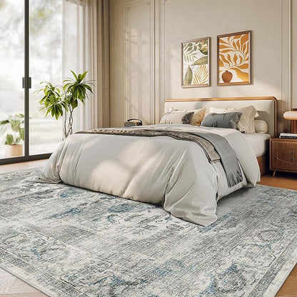 10x14 Living Room Rug - Large Washable Non Slip Vintage Rugs Low Pile Stain Resistant Distressed Carpet for Bedroom Dining Room Home Office 10'x14' Blue/Grey