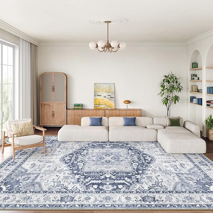 10x14 Area Rugs for Living Room, Machine Washable Non Slip Vintage Rug, Non-Slip Stain Resistant, Large Soft Home Decor Rug for Bedroom Dining Room (Navy/Blue,10'x14')