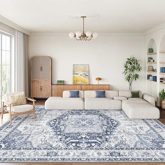 10x14 Area Rugs for Living Room, Machine Washable Non Slip Vintage Rug, Non-Slip Stain Resistant, Large Soft Home Decor Rug for Bedroom Dining Room (Navy/Blue,10'x14')