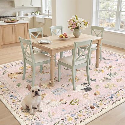 Soalmost Dog 6x9 Area Rugs for Living Room, Machine Washable Animal Floral Vintage Rug Non-Slip Low Pile Soft Throw Rugs for Bedroom Dining Room Kitchen Nursery Playroom (6 x 9,Pink)