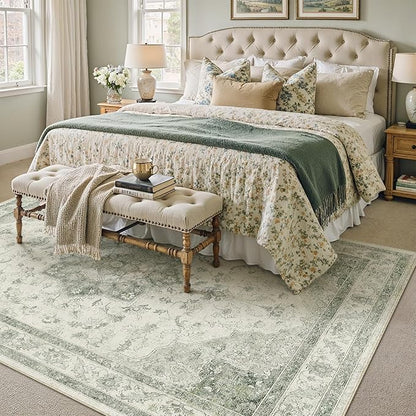 PureCozy Green Area Rug 8x10 Washable Living Room Carpet Vintage Non Slip Soft Bedroom Indoor Office Retro Low Pile Thin Oriental Medallion Large Rug for Dining Room Playroom