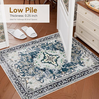 RUSHUFFY 6x9 Washable Area Rugs for Living Room, Non-Slip Boho Vintage Traditional Medallion Print Pattern Carpet for Bedroom Dining Room Farmhouse Nursery Room, Slate Blue & Beige