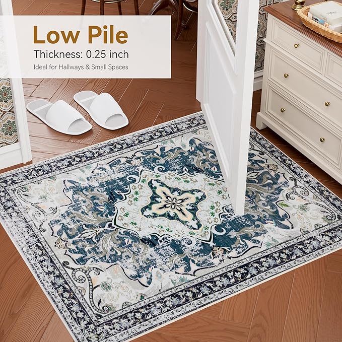 RUSHUFFY 2x3 Washable Small Rug Door Mat, Rugs for Entryway, Vintage Boho Distressed Print Non-Slip Carpet, Throw Rug for Indoor Entrance Kitchen Bedroom Bathroom Laundry Floor, Slate Blue & Beige
