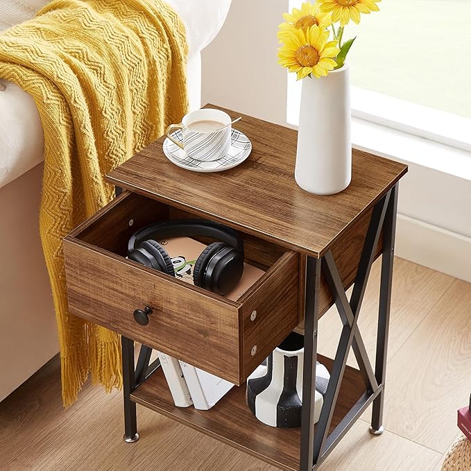 VECELO Nightstand,Modern Bedside End Table, Night Stand with Drawer and Storage Shelf for Living Room Bedroom, Industrial Metal Frame