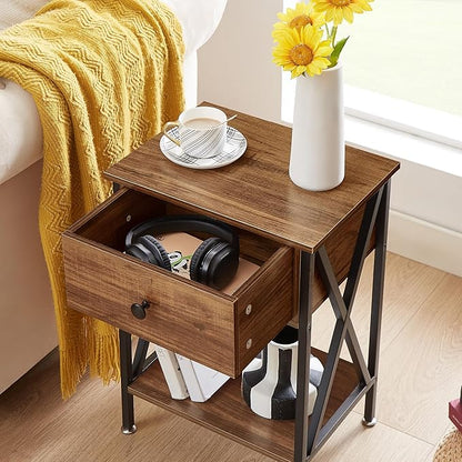 VECELO Nightstand,Modern Bedside End Table, Night Stand with Drawer and Storage Shelf for Living Room Bedroom, Industrial Metal Frame