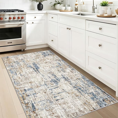 Washable 3x5 Entryway Rug - Non-Slip Soft Low-Pile Thin Small Area Rugs for Kitchen Bedroom Living Room Hallway – Modern Abstract Neutral Door mat Indoor（Blue Brown）