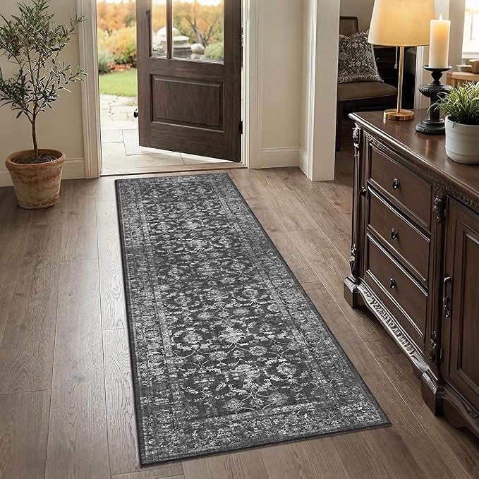 Washable Area Rug 2x6 Black Runner Rugs for Living Room, Vintage Boho Hallway Large Rug for Bedroom Dining Room Office, Distressed Floral Carpet for Under Table, Soft Non Slip Low Pile Throw Carpet
