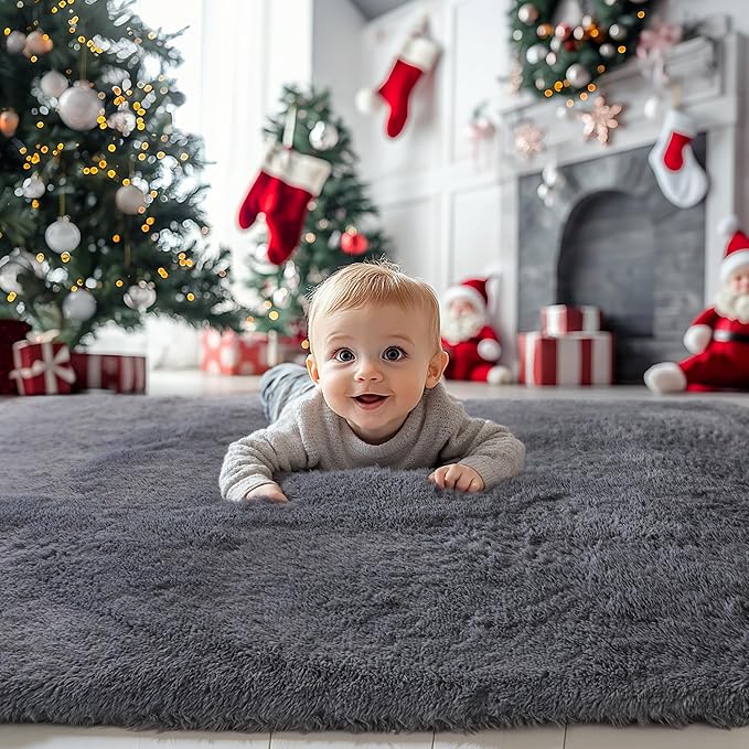 KICHOWUA 5x8 Grey Fluffy Fuzzy Area Rug for Bedroom, Soft Plush Washable Shag Carpet for Living Room,Gray Comfy Floor Non Slip Furry Shaggy Rugs for Kids Baby Boys Girls Nursery Teens College Dorm