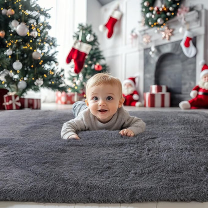 KICHOWUA 5x8 Grey Fluffy Fuzzy Area Rug for Bedroom, Soft Plush Washable Shag Carpet for Living Room,Gray Comfy Floor Non Slip Furry Shaggy Rugs for Kids Baby Boys Girls Nursery Teens College Dorm