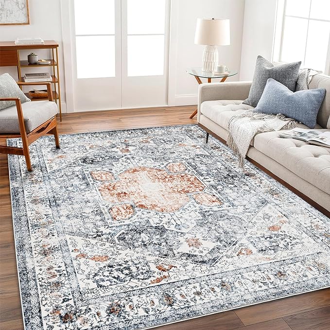CHAMPLANT Area Rug 8x10 Washable Rug Orange Gray Vintage Traditional Mat Distressed Indoor Foldable Thin Retro Accent Floral Print Non Slip Carpet Living Room Dining Room Office