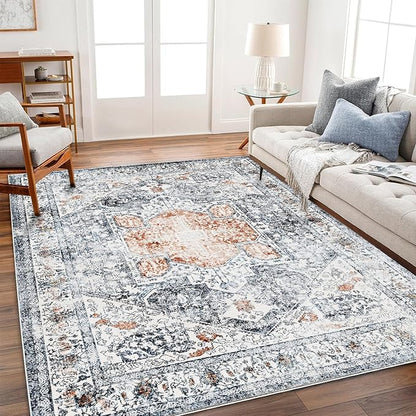 CHAMPLANT Area Rug 6x9 Washable Rug Gray Vintage Traditional Floor Cover Thin Retro Kitchen Indoor Distressed Non Slip Carpet Floral Print Mat Living Room Bedroom Dining Room