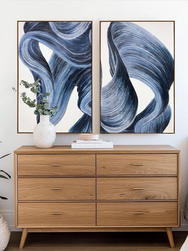 Zessonic Blue Abstract Wall Art Set of 2- Framed Twist Stroke Minimalist Graffiti on White Background Modern Canvas Artwork for Living Room, Bedroom, Office Decor, 24 x 36 Inches x 2