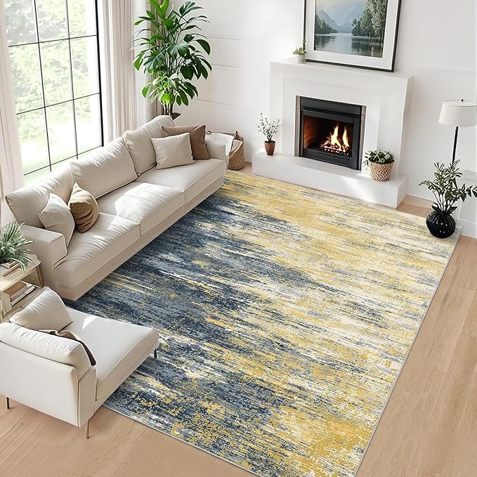 ROYHOME Washable Rug 5x7 Abstract Area Rug for Living Room, Non Slip Foldable Soft Rugs for Bedroom, Stain Resistant Rugs Modern Fuzzy Rug, Indoor Carpet for Entryway Home, Yellow/Black