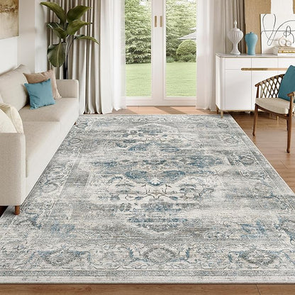 Washable 5x7 Area Rug - Soft Indoor Low Pile Rugs with Non Slip Backing for Living Room Bedroom Stain Resistant Vintage Carpet for Home Decor Mat (Blue/Grey,5'x7')