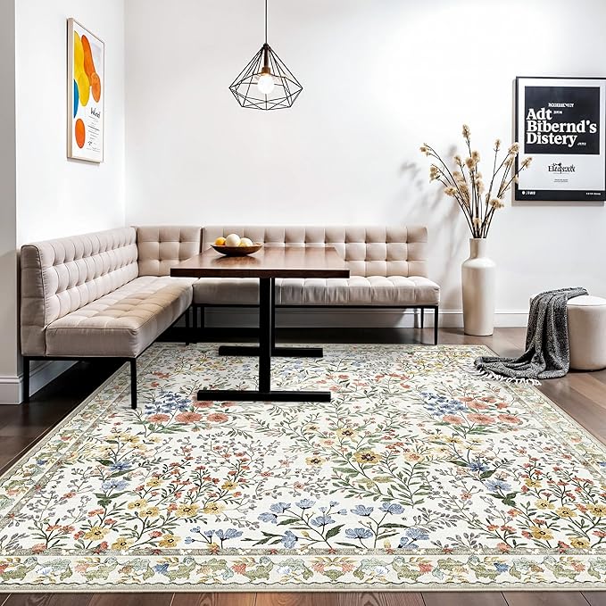 7x7 Vintage Floral Dining Room Rug - 7ft Square Low Pile Non Slip Machine Washable Area Rug, Indoor Carpet for Under Table/Bed Living Room Bedroom Office Nursery Entryway Playroom (7ft Square, Beige)