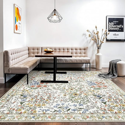 7x7 Vintage Floral Dining Room Rug - 7ft Square Low Pile Non Slip Machine Washable Area Rug, Indoor Carpet for Under Table/Bed Living Room Bedroom Office Nursery Entryway Playroom (7ft Square, Beige)