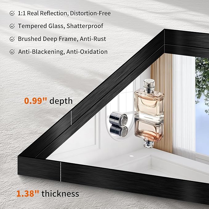 CIRCUMI Black Bathroom Mirror, 30"x60" Rectangular Mirror with Deep Metal Frame, Brushed Finish, Tempered Glass, Large Mirror for Wall, Over 2 Sinks, Installed Vertically/Horizontally, Crystal-Clear