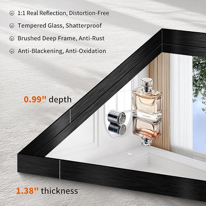 CIRCUMI Black Bathroom Mirror, 30"x36" Rectangular Mirror with Deep Metal Frame, Brushed Finish, Tempered Glass, Mirror for Wall, Oversink, Bedroom, Installed Vertically/Horizontally, Crystal-Clear