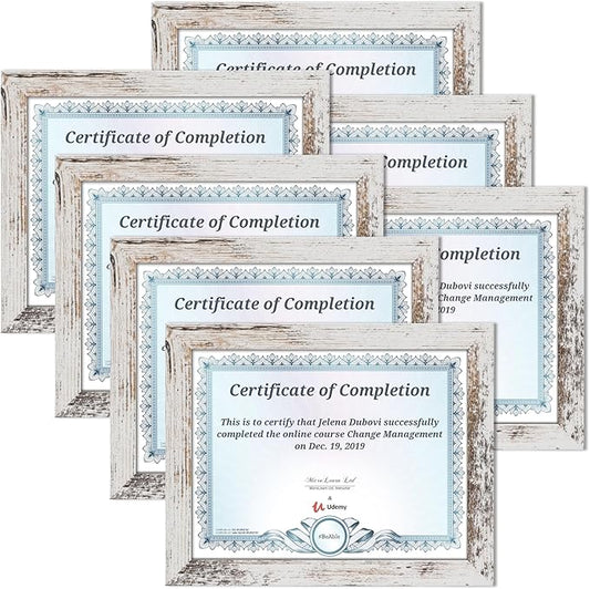PETAFLOP 8.5x11 Picture Frame Distressed White Certificate Frames Wall Tabletop Display Horizontally or Vertically, 7 Pack
