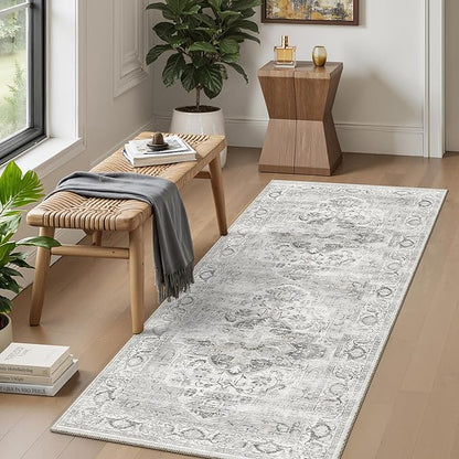 2x5 Washble Hallway Runner Rug - Vintage Non Slip Long Rugs for Entryway Ultra Soft Stain Resistant Distressed Indoor Low Pile Mat Waterproof Carpet for Living Room Bedroom Laundry Ivory/Gray