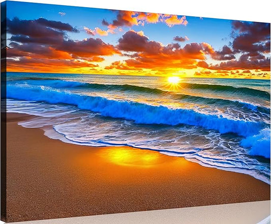 TutuBeer 1 Panel Beach Pictures Blue Sea White Beach at Sunrise Picture Print on Canvas Ocean Pictures Wall Decor Ocean Canvas Art Seascape Wall Art Stretched and Framed 24x36 inch