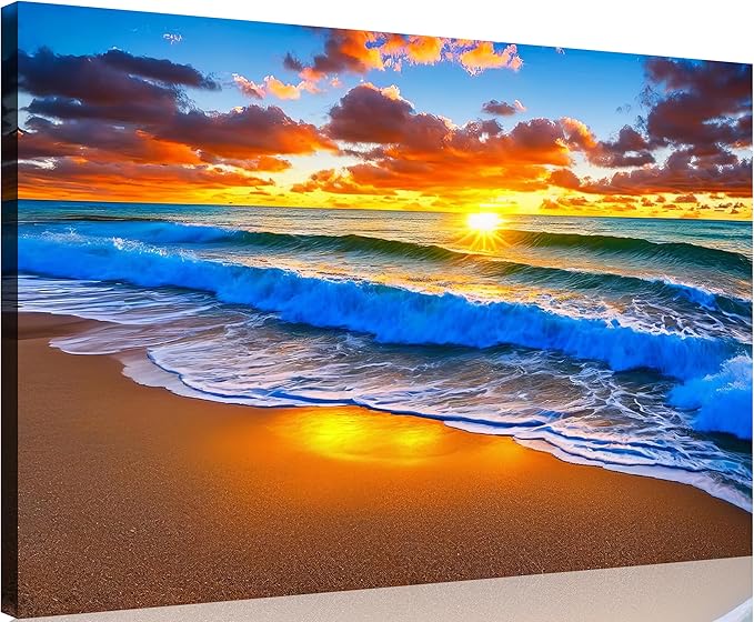 TutuBeer 1 Panel Beach Pictures Blue Sea White Beach at Sunrise Picture Print on Canvas Ocean Pictures Wall Decor Ocean Canvas Art Seascape Wall Art Stretched and Framed 20x30 inch