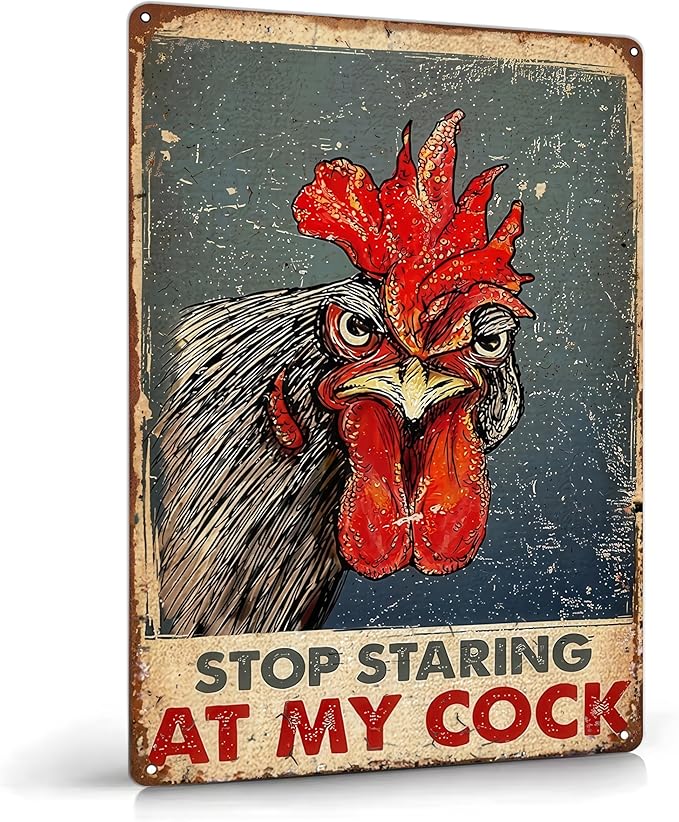 Funny Chicken Metal Signs Stop Staring My Cock Funny Rooster Tin Signs Fun Rooster Tin Signs Decor Rustic Farmhouse Sign for Farm Chicken Coop Farmhouse Kitchen Yard Fence