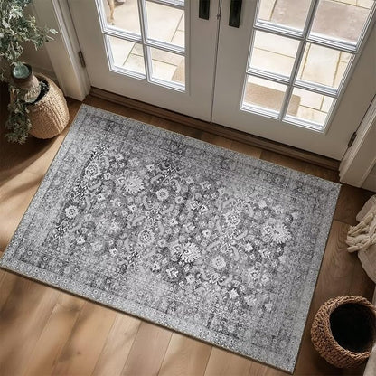 Washable 3x5 Entryway Rug, Boho Non-Slip Vintage Distress Small Rugs for Kitchen Nursery Office Bedroom, 0.3" Neutral Oriental Throw Thin Carpet with Cushioning Pad, Grey/Multi, C5