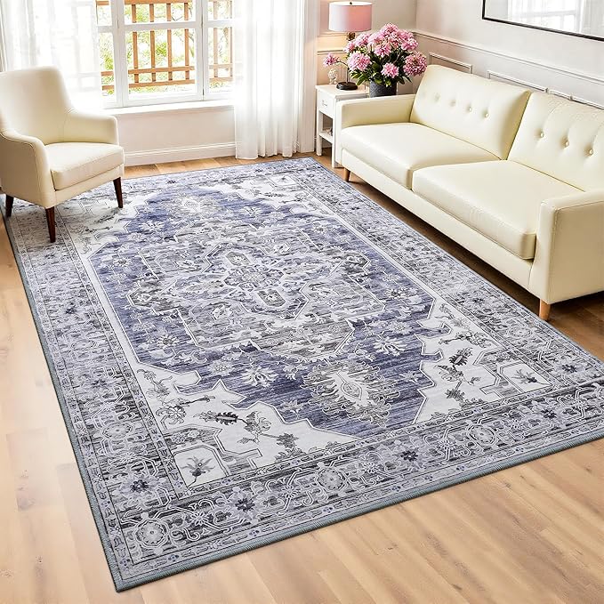 Maxsoft Large Area Rugs for Living Room Bedroom, 5x7 Gray Blue Washable Rug with Rubber Backing, Non-Slip and Stain Resistant Soft Throw Indoor Carpet for Dining Room Office Kitchen Dorm Home Decor
