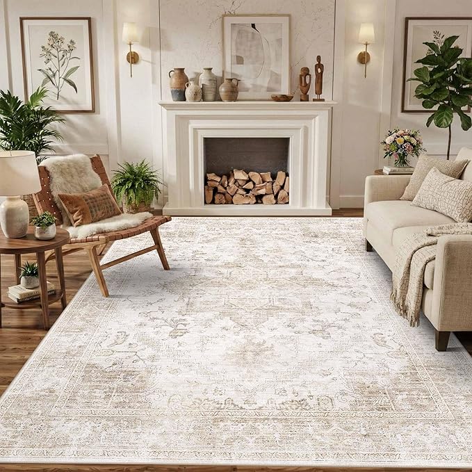 Rugxara 6x9 Washable Area Rug for Living Room, Neutral Vintage Large Boho Rugs for Office, Dining Room, Kids Room, Farmhouse, Durable Low Pile Non Slip Carpet for High Traffic Areas, Beige