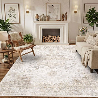Rugxara 6x9 Washable Area Rug for Living Room, Neutral Vintage Large Boho Rugs for Office, Dining Room, Kids Room, Farmhouse, Durable Low Pile Non Slip Carpet for High Traffic Areas, Beige