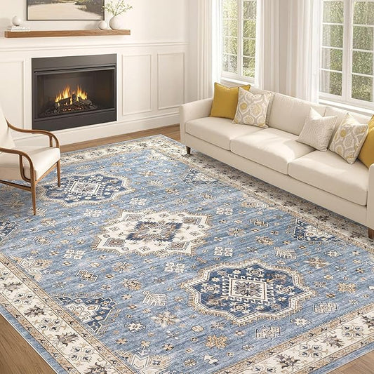 EIEIHOUSE Washable Area Rugs for Living Room -10x14 Neutral Vintage Distressed Floral Farmhouse Boho Large Soft Floor Rug Indoor Non Slip Carpet for Living Room Bedroom Dining Room Office - Blue