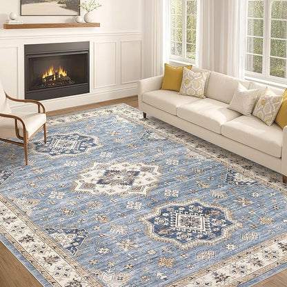 EIEIHOUSE Washable Area Rugs for Living Room -10x12 Neutral Vintage Distressed Floral Farmhouse Boho Large Soft Floor Rug Indoor Non Slip Carpet for Living Room Bedroom Dining Room Office - Blue