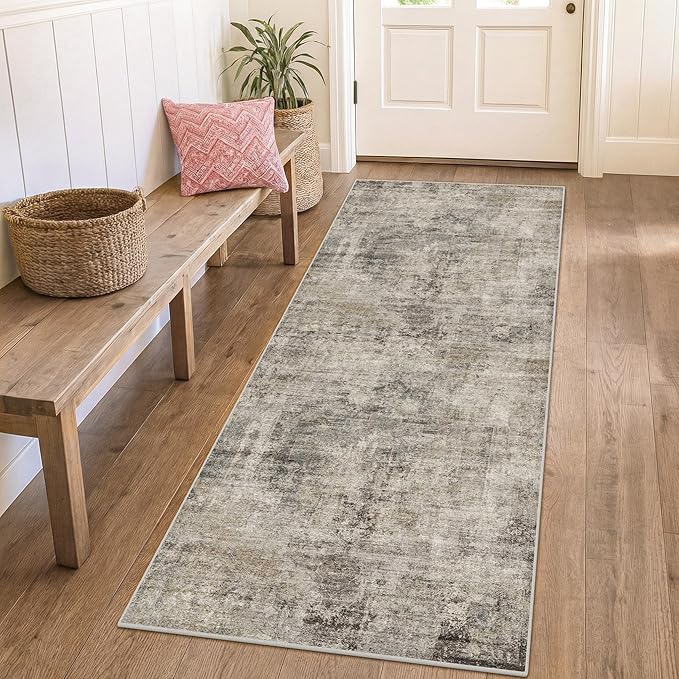 Vintage 2x5 Taupe Runner Rugs for Indoor Entryway, Washable Farmhouse Kitchen Rugs with Rubber Backing, Entryway Indoor Runner for Bathroom, Home Office Floor Rug, Non-Slip Stain & Fade Resistant