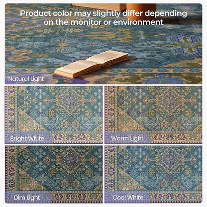 9x12 Area Rugs for Living Room, Machine Washable Low Pile Rug, Non Slip Backing Boho Rugs for Bedroom, Printed Soft Vintage Carpet Teal Green Purple 9 x 12
