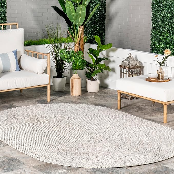 nuLOOM Oval 5' x 8' Solid Hand Braided Indoor/Outdoor Area Rug, Pet-Friendly, High Traffic, Weather Resistant, for Patio, Balcony, Bedroom, Living, Dining Room, Wynn Ivory
