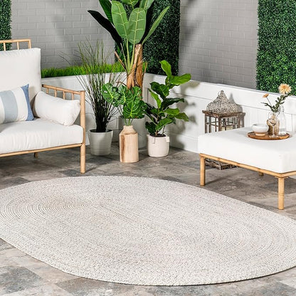 nuLOOM Oval 5' x 8' Solid Hand Braided Indoor/Outdoor Area Rug, Pet-Friendly, High Traffic, Weather Resistant, for Patio, Balcony, Bedroom, Living, Dining Room, Wynn Ivory
