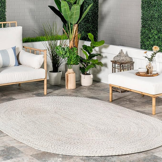 nuLOOM Oval 5' x 8' Solid Hand Braided Indoor/Outdoor Area Rug, Pet-Friendly, High Traffic, Weather Resistant, for Patio, Balcony, Bedroom, Living, Dining Room, Wynn Ivory