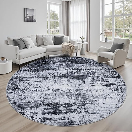 Round Area Rug for Living Room: 8 ft Washable Modern Abstract Soft Thin Rug Indoor Floor No Slip Stain Resistant Carpet for Bedroom Dining Room Farmhouse Nursery Home Office - Black