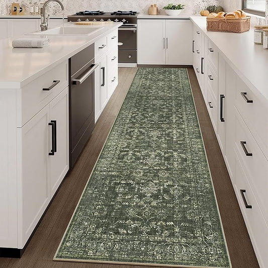 2.6x10 Green Runner Rug Hallway Washable Area Rugs Kitchen Vintage Boho Non Slip Long Rug Floral Carpet Indoor Retro Soft Low Pile Throw Rug for Bedroom Bathroom Laundry Dining Living Room Office