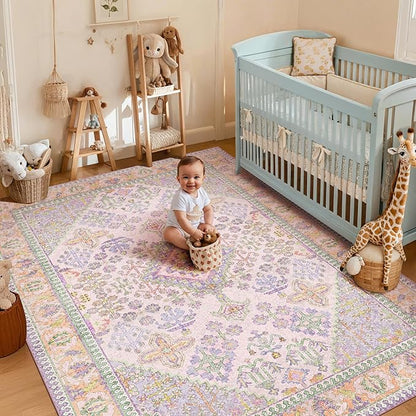 6x9 Area Rugs for Living Room, Machine Washable Low Pile Rug, Non Slip Backing Boho Rugs for Bedroom, Printed Soft Vintage Carpet Lilac Lavender Purple 6 x 9