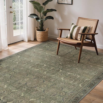 GENIMO 9x12 Area Rugs for Living Room, Machine Washable Non Slip Vintage Rugs, Low Pile Lightweight Chenille Print Rug for Bedroom, Dining Room, Home Office, Muted Green