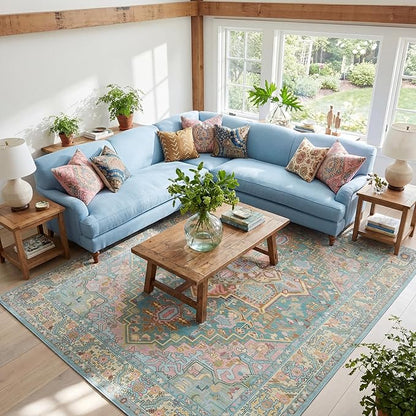 Kokia 6x9 Washable Turquoise Teal Area Rugs with Vintage Orient Design Soft Rug for Living Room or Home Office Non-Slip Low Pile Stain Resistance Features Distressed Medallion Pattern