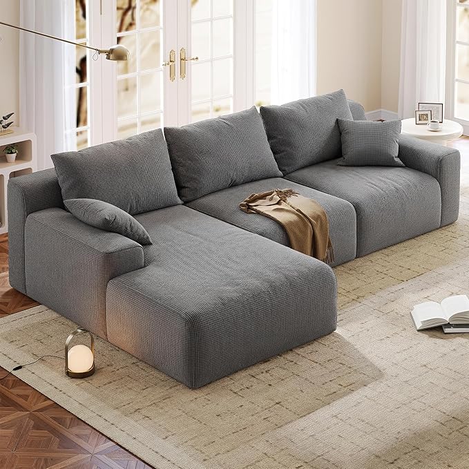 Homkdom Modular Sectional Sofa, L-Shaped Cloud Couch with Deep Seat, Convertible 6-in-1 Boneless Couches for Living Room, Memory Foam Sofa, No Assembly Required (Grey Check, Left Facing Chaise)
