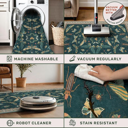 Hazo Haus Emerald Green Entry Rugs for Inside House - 2x4 Kitchen Rugs Non Slip for Bathroom, Powder Room, Vintage Unique Colorful Décor, Washable Stain & Fade Resistant