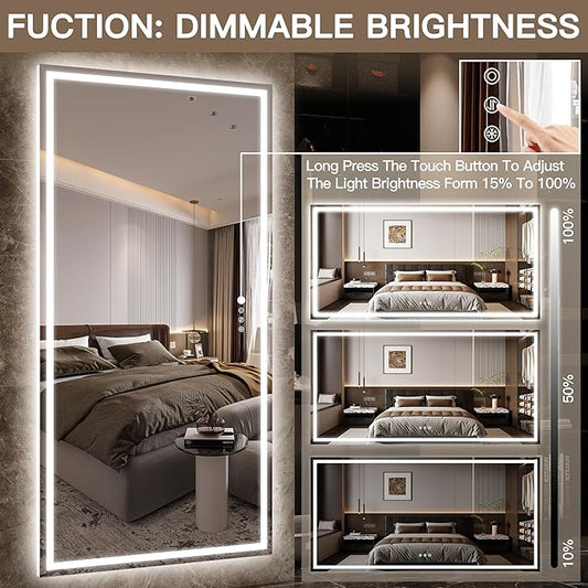 FENNIO Full Length Mirror with Lights, 70" x 32" LED Full Body Mirror, Free Standing Lighted Floor Mirror, Wall Mounted Hanging Mirror with Lights for Bedroom, Salon, Tempered Glass（White）