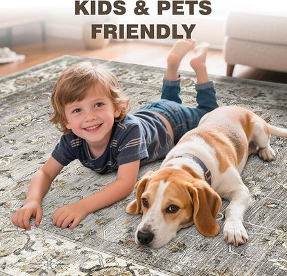 8x10 Area Rugs for Living Room, Machine Washable Non Slip Vintage Rug, Non-Slip Stain Resistant, Large Soft Home Decor Rug for Bedroom Dining Room (Ivory/Grey,8'x10')