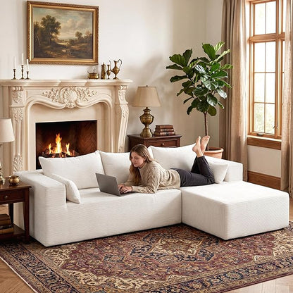106" Cloud Sectional Boneless Couches for Living Room, Modular L Shaped Couch with Deep Seat Oversized Right Facing Chaise, Memory Foam Compressed Spineless 3 Seater Sofa for Apartment, Beige