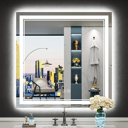36x36 LED Bathroom Mirror with Lights, Backlit and Front Lit Anti-Fog Lighted Vanity Mirrors for Bathroom Wall, Dimmable, 3-Color Light, Memory, Shatter-Proof, HD Tempered Glass, CRI＞90